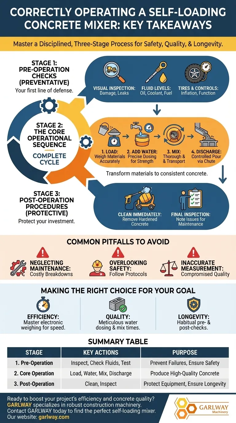 What are the key takeaways for correctly operating a self-loading concrete mixer? A 3-Stage Guide to Safety & Efficiency Visual Guide