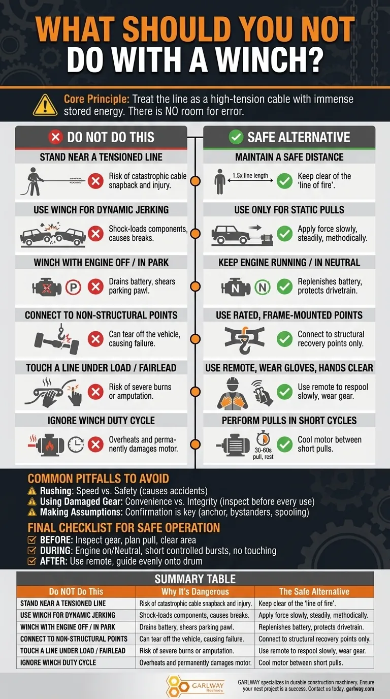 윈치로 무엇을 하면 안 되나요? 안전을 보장하고 장비 손상을 방지하기 위해 이러한 치명적인 실수를 피하세요. 시각적 가이드