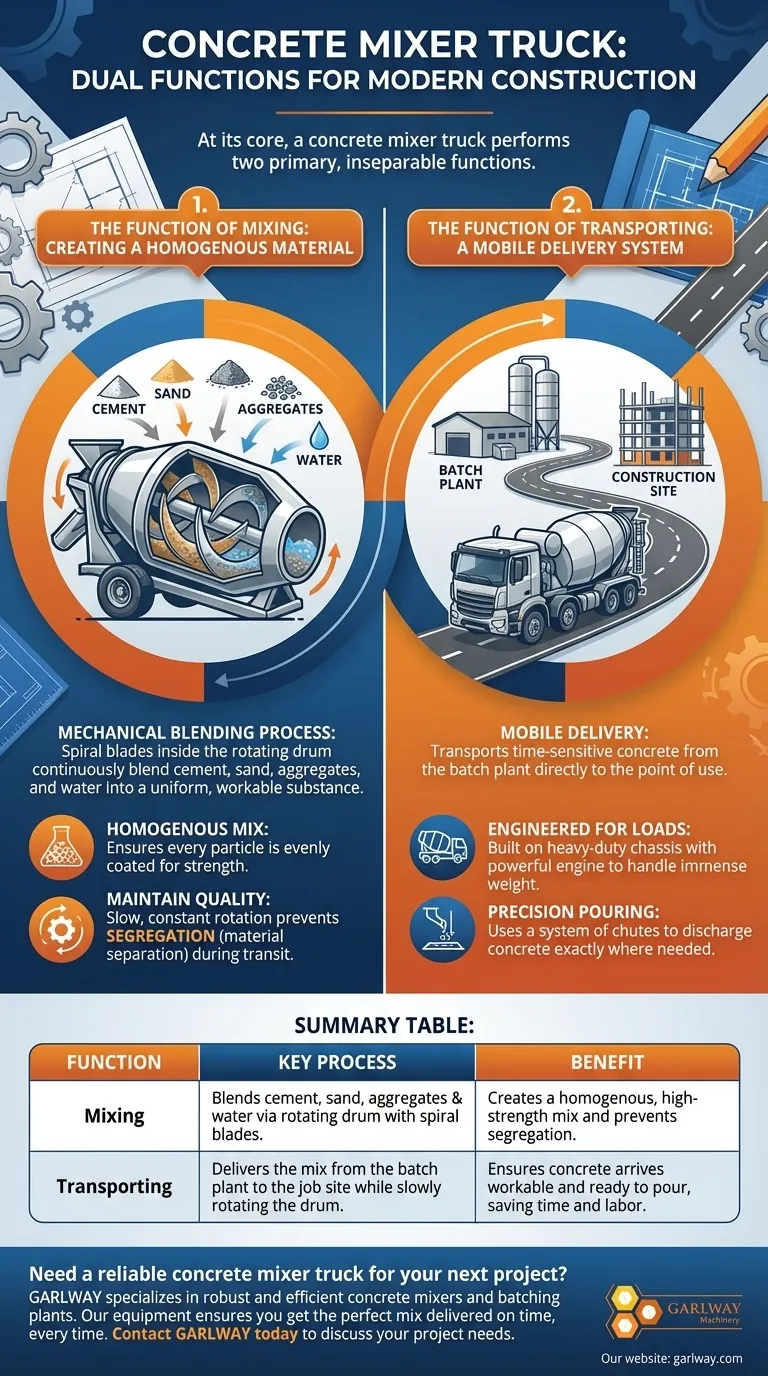 What are the two primary functions of a concrete mixer truck? Mixing & Transporting for Perfect Concrete Delivery Visual Guide