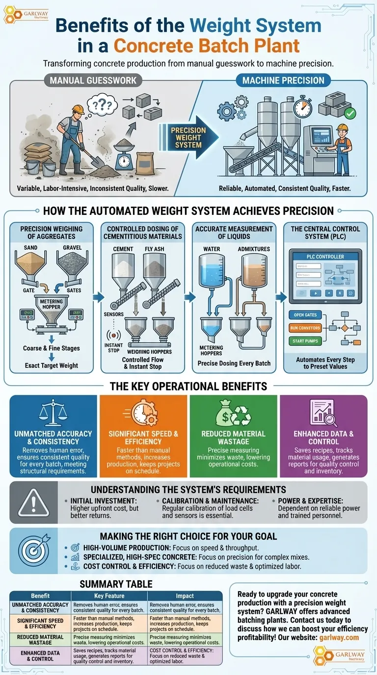 콘크리트 배치 플랜트에서 무게 시스템의 이점은 무엇인가요? 정밀도, 속도 및 품질 달성 시각적 가이드