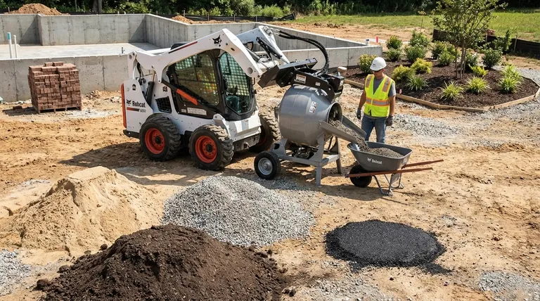 多用途なスキッドステア用コンクリートミキサーには、どのような材料を混ぜることができますか?