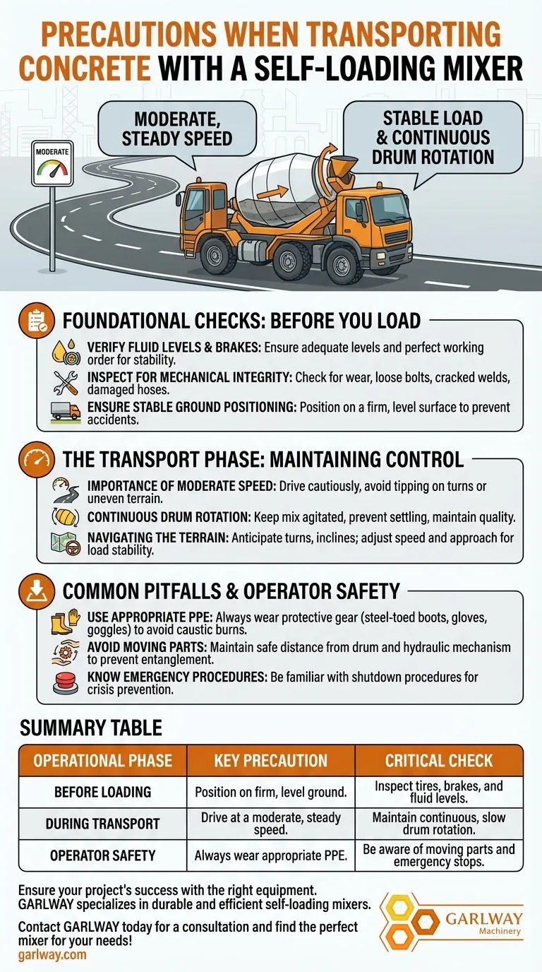 What precautions should be taken when transporting concrete with a self-loading mixer? Ensure Safe and Efficient Transport Visual Guide
