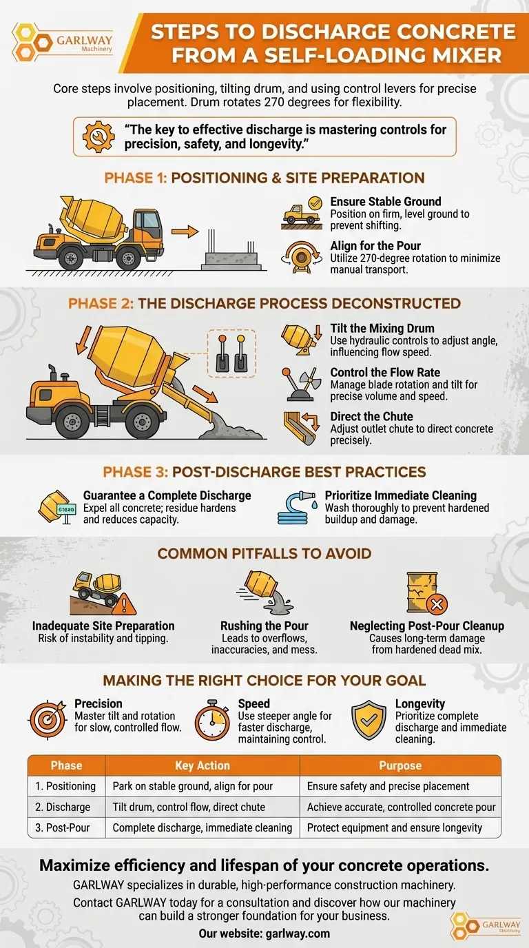 What steps are involved in discharging concrete from a self-loading mixer? A Guide to Safe, Precise Pouring Visual Guide