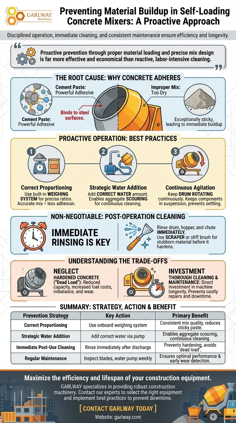 セルフローディングコンクリートミキサーでの材料の堆積や付着を防ぐにはどうすればよいですか？効率化のための必須戦略 ビジュアルガイド