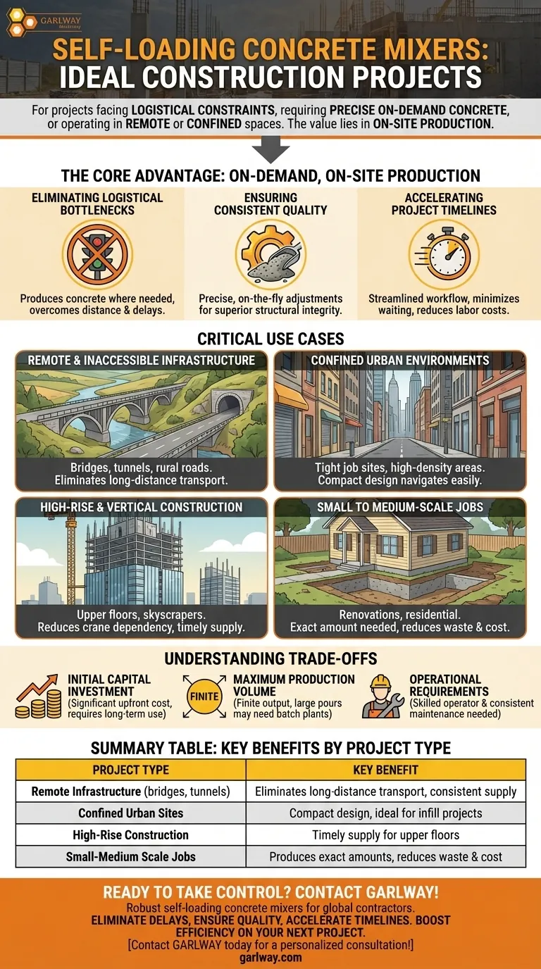 Em que tipos de projetos de construção os misturadores de concreto autocarregáveis são particularmente úteis? Aumente a Eficiência em Locais Remotos e Apertados Guia Visual