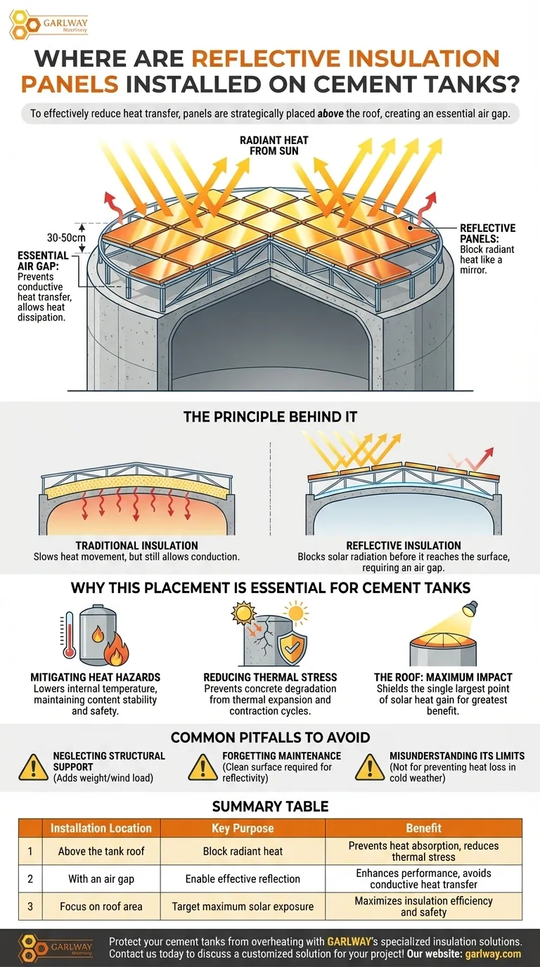 ¿Dónde se instalan típicamente los paneles de aislamiento reflectante en los tanques de cemento? Por encima del techo para una máxima reflexión del calor Guía Visual