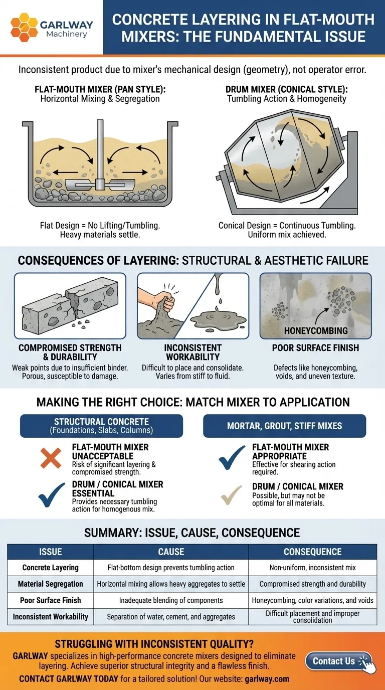 Quels problèmes surviennent avec la stratification du béton dans les mélangeurs à bouche plate ? Les défauts de conception inhérents expliqués Guide Visuel