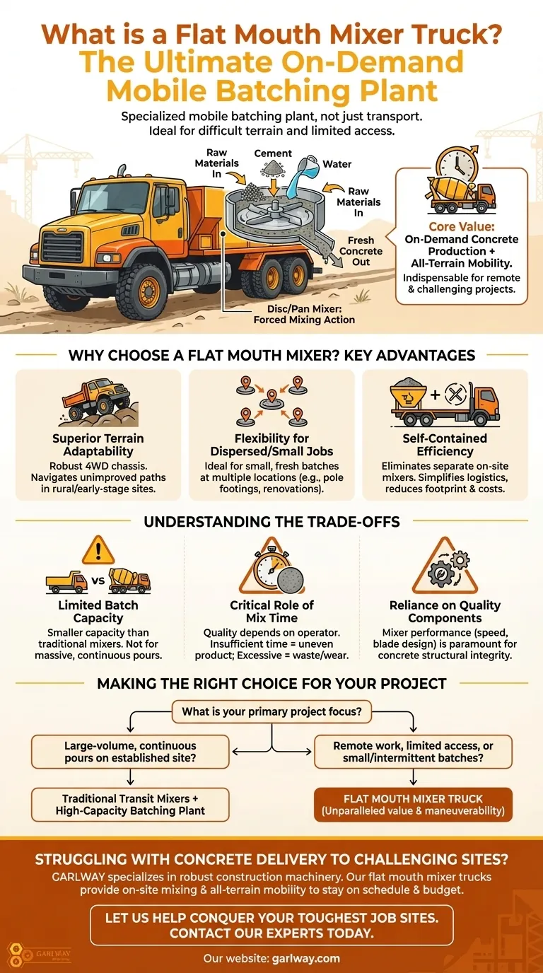 À quoi sert un camion malaxeur à bouche plate ? Production de béton sur site pour des sites éloignés et difficiles Guide Visuel