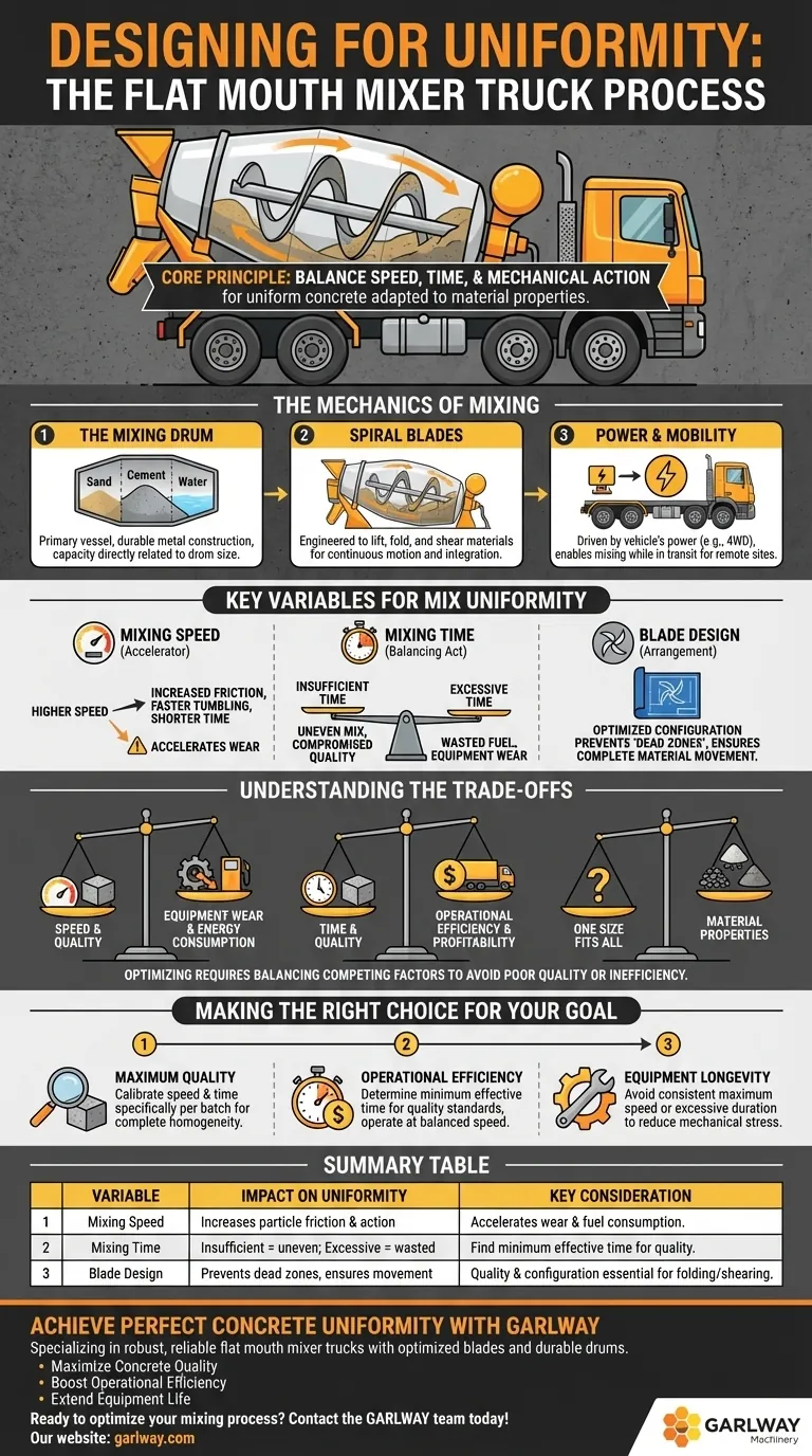 How does the design of the mixing process affect uniformity in a flat mouth mixer truck? Optimize for Quality & Efficiency Visual Guide