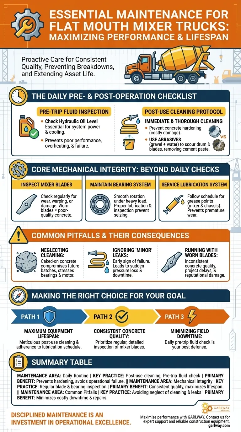What maintenance practices are necessary for a flat mouth mixer truck? Ensure Maximum Lifespan & Quality Visual Guide