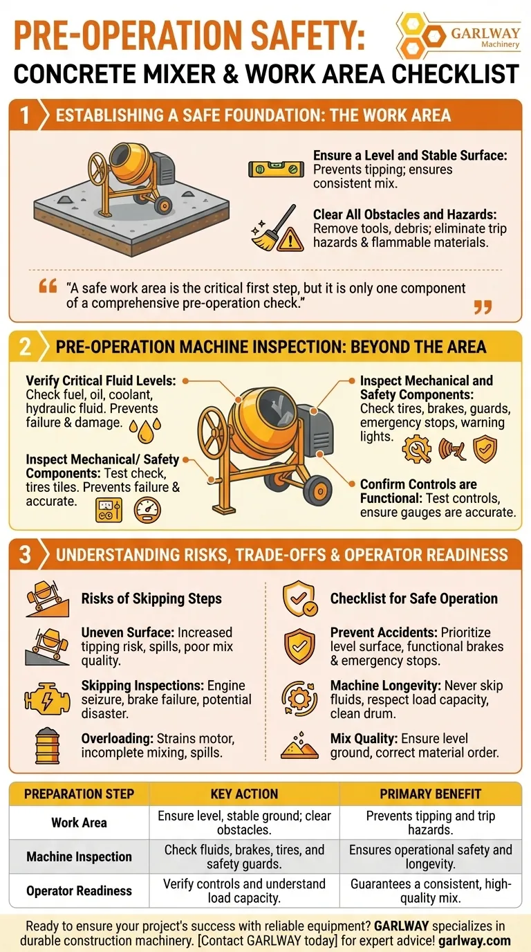 在使用混凝土搅拌机之前，应确保工作区域的哪些方面？确保工作现场安全高效 图解指南