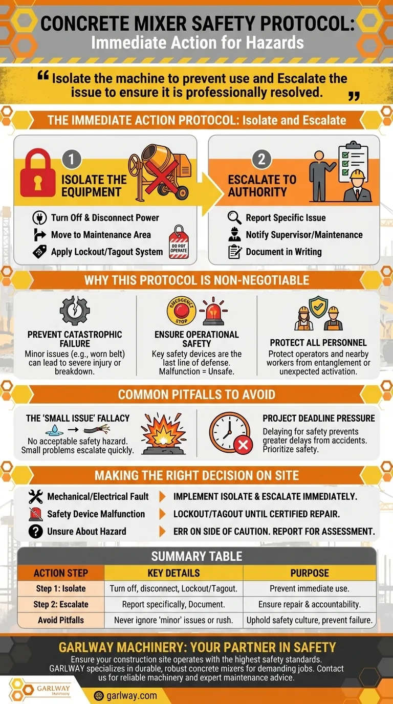 O que deve ser feito se forem encontrados problemas ou perigos de segurança durante a inspeção de uma betoneira? Guia Visual