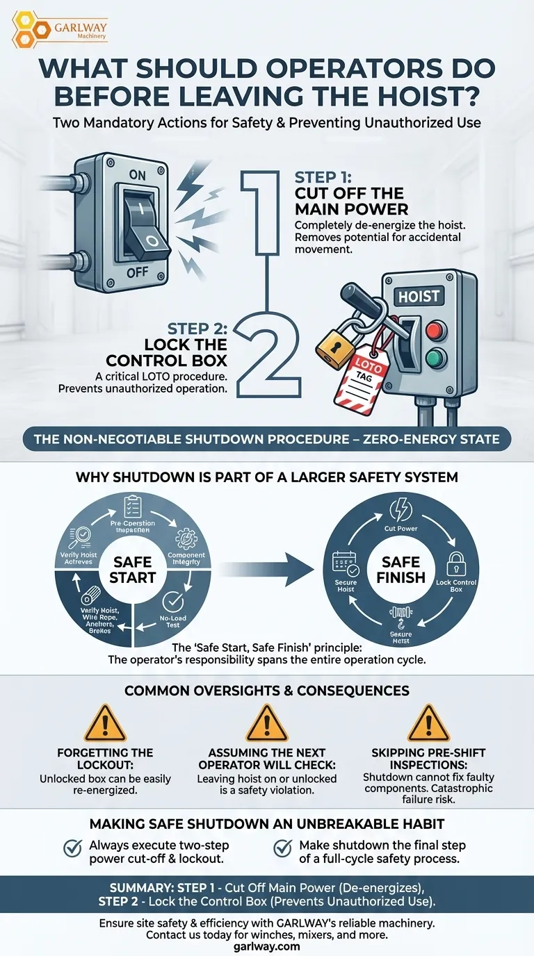 호이스트를 떠나기 전에 작업자는 무엇을 해야 합니까? 2단계 잠금 절차로 현장을 안전하게 확보하십시오. 시각적 가이드