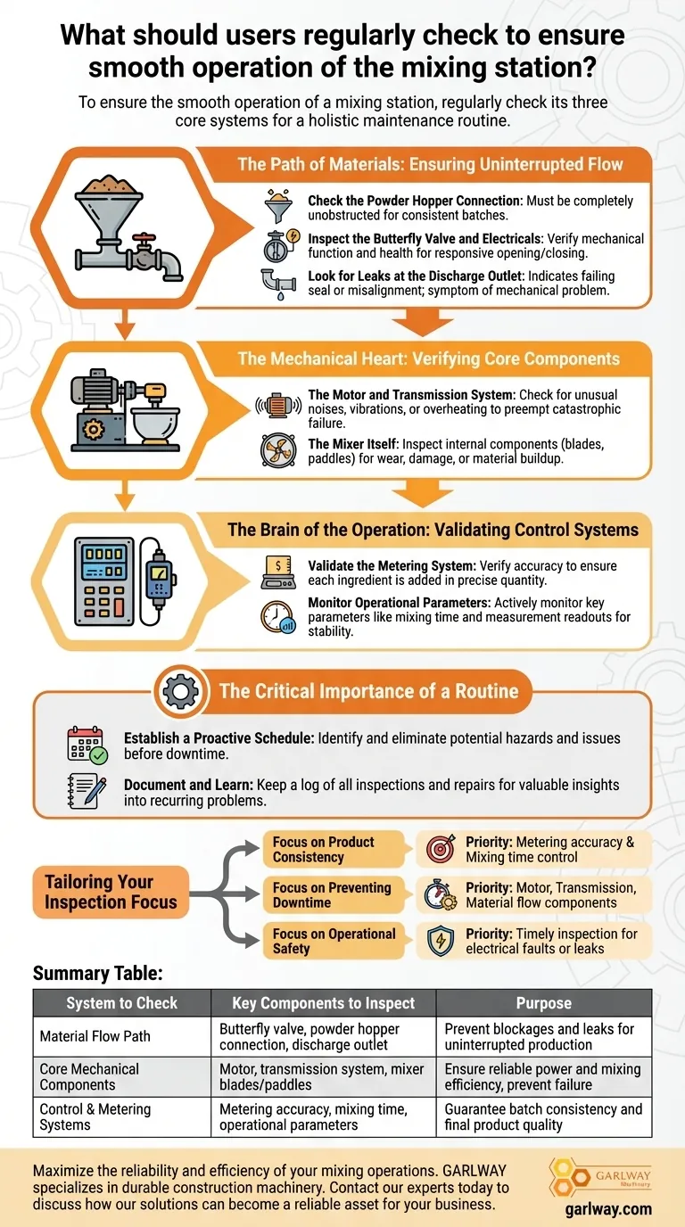为了确保搅拌站的顺利运行，用户应定期检查哪些内容？ A. 主动维护指南 图解指南