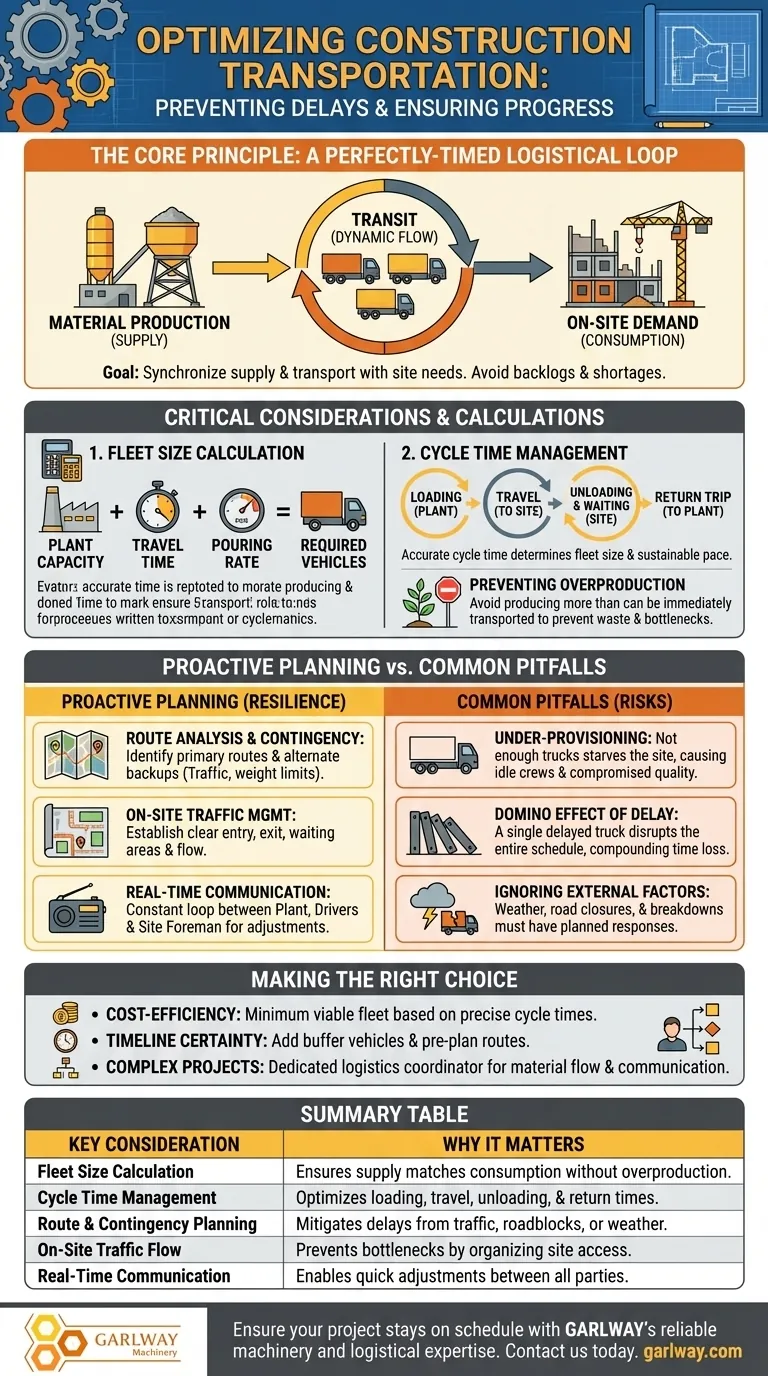 건설 진행에 영향을 미치지 않도록 운송 측면에서 고려해야 할 사항은 무엇인가요? 정시 납품을 위한 마스터 물류 시각적 가이드