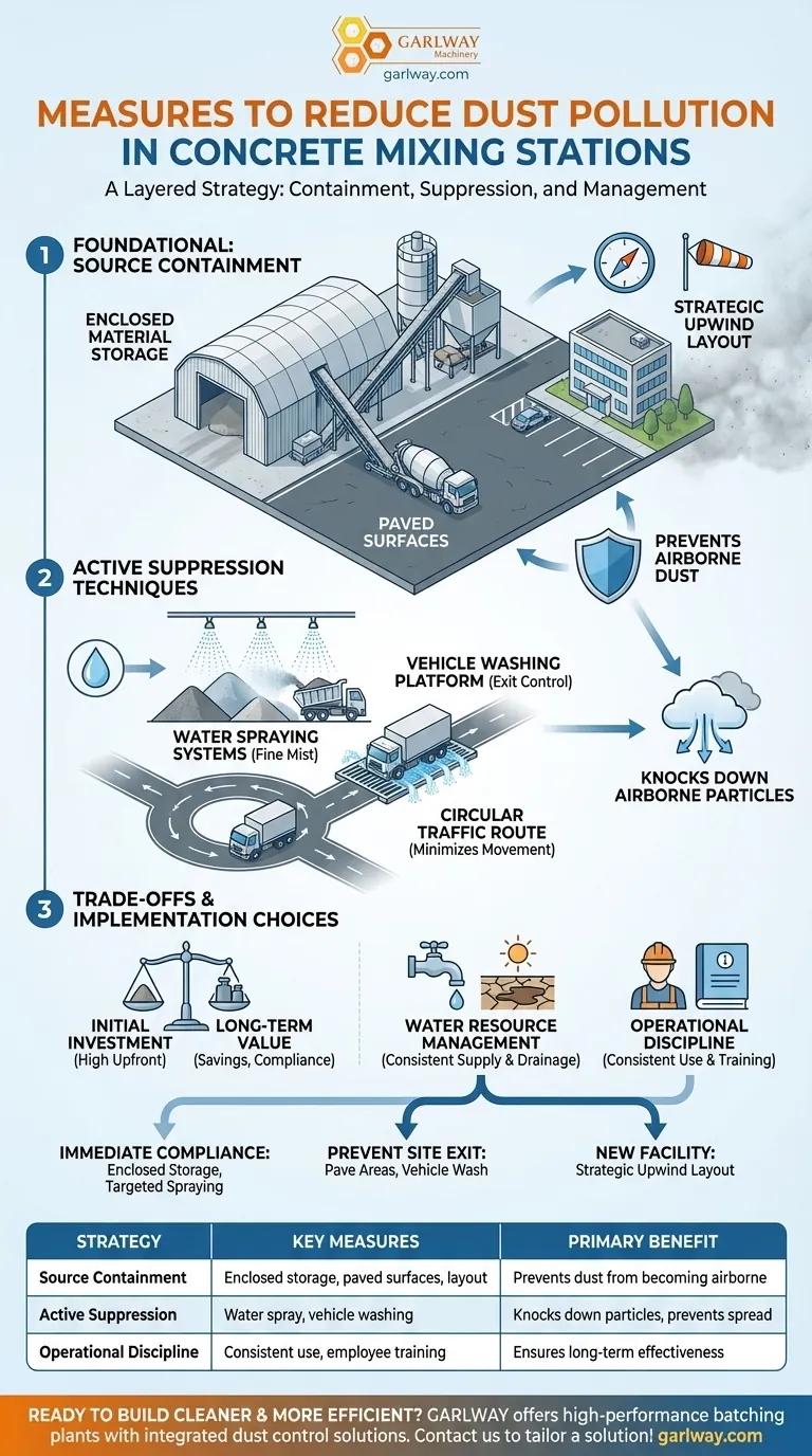 ¿Qué medidas se requieren para reducir la contaminación por polvo en el área de la planta de una estación de mezcla de concreto? Implementar una Estrategia por Capas para Operaciones Más Limpias Guía Visual