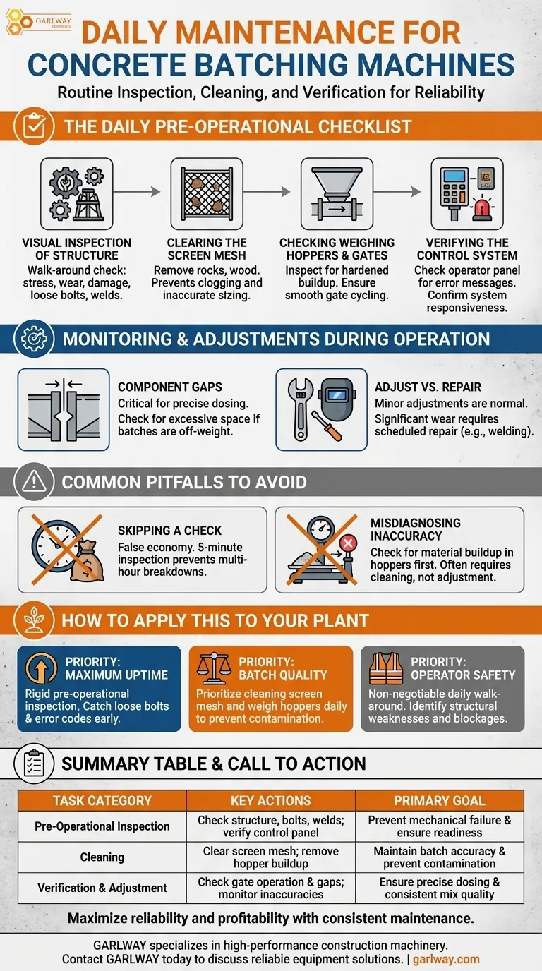 ¿Cuáles son las tareas de mantenimiento diario de una planta dosificadora de hormigón? Garantice el tiempo de actividad de la planta y la precisión del dosificado Guía Visual