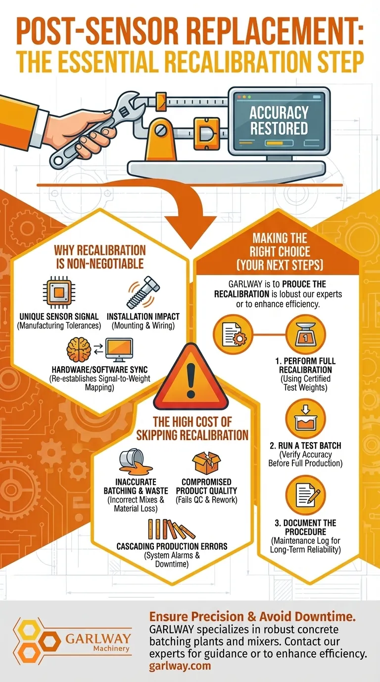 ما الذي يجب فعله بعد استبدال مستشعر في نظام الوزن الخاص بمصنع خلط؟ ضمان دقة الدُفعات من خلال إعادة المعايرة الصحيحة دليل مرئي