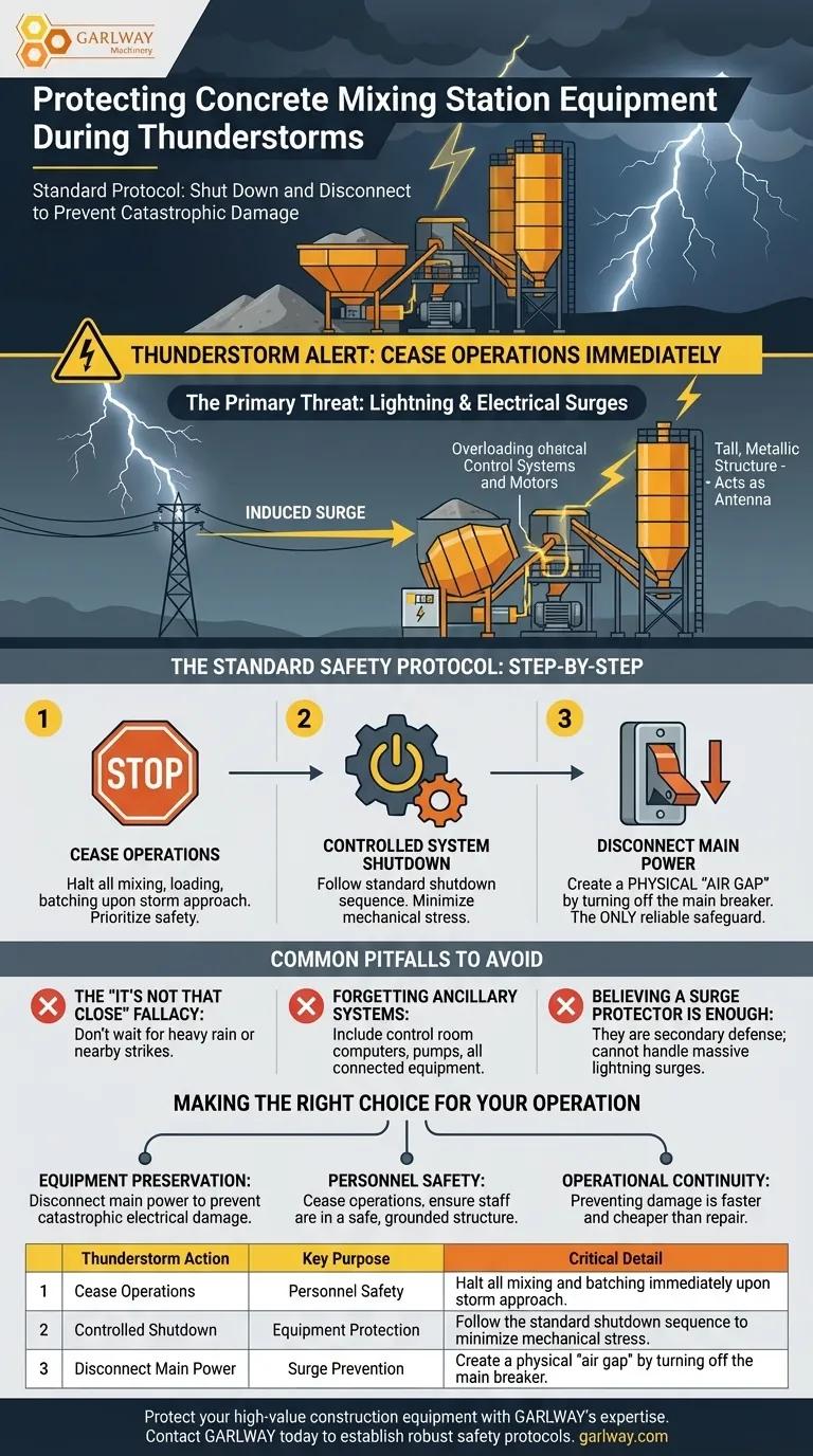 雷雨時のコンクリートプラント設備の取り扱いについて。必須の安全手順 ビジュアルガイド