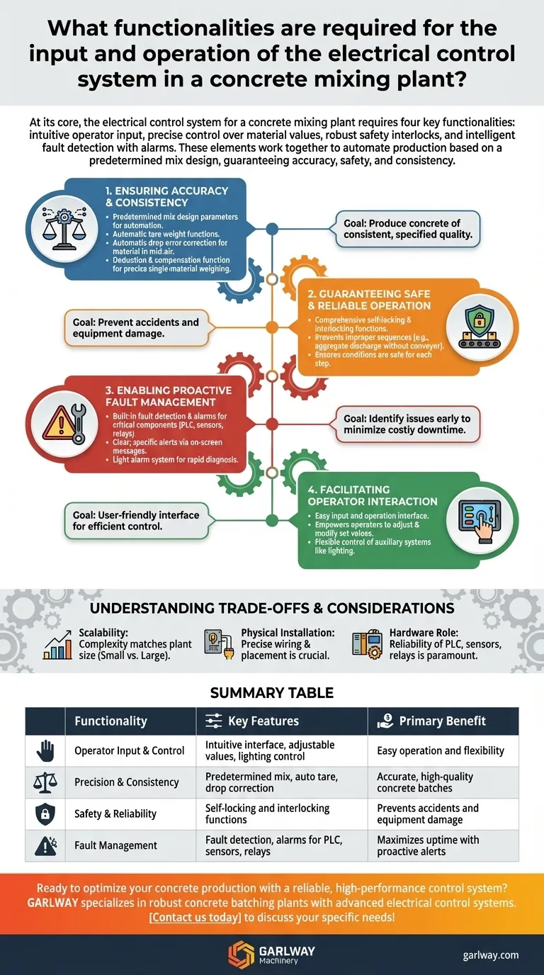 Welche Funktionalitäten sind für die Eingabe und den Betrieb des elektrischen Steuerungssystems in einem Betonmischanlage erforderlich? Gewährleistung von Präzision, Sicherheit und Betriebszeit Visuelle Anleitung