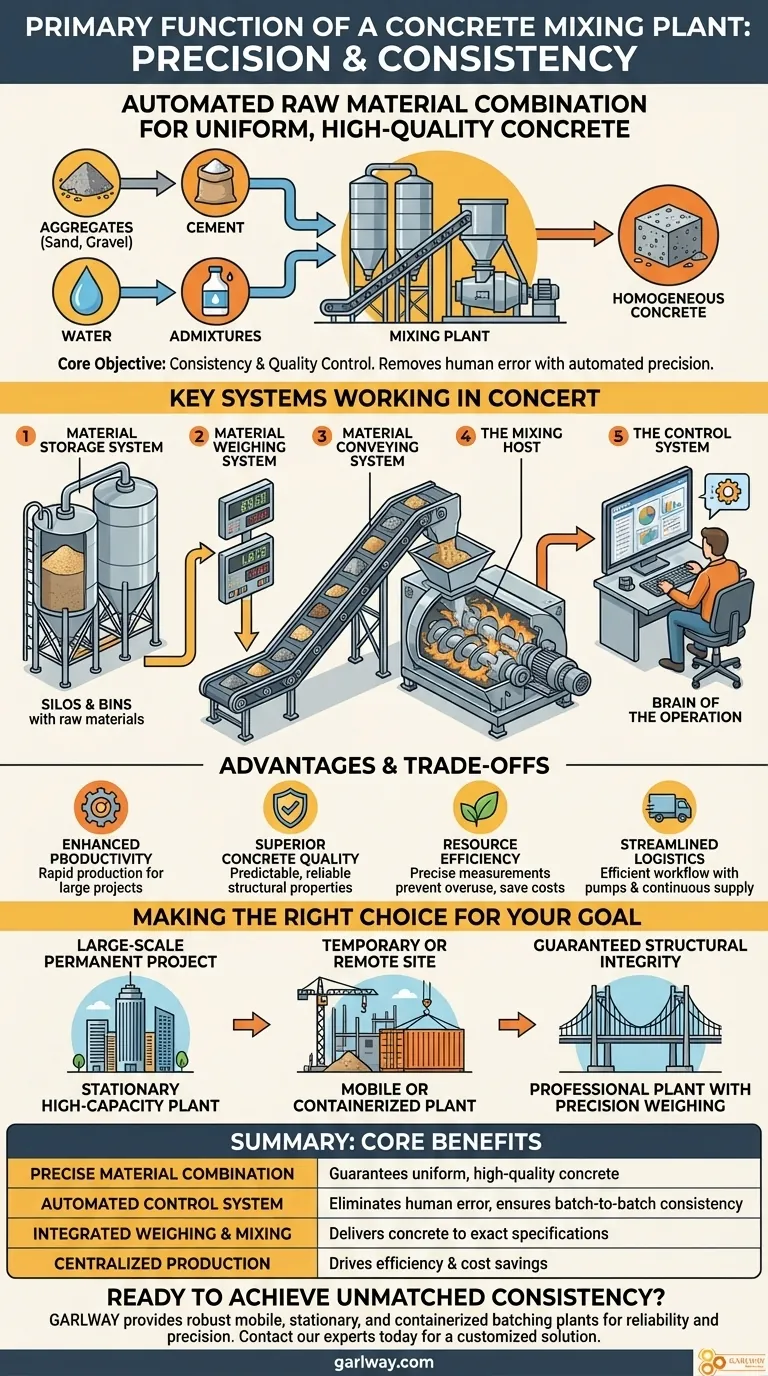 콘크리트 혼합 플랜트의 주요 기능은 무엇인가요? 일관되고 고품질의 콘크리트를 대규모로 생산하는 것입니다. 시각적 가이드