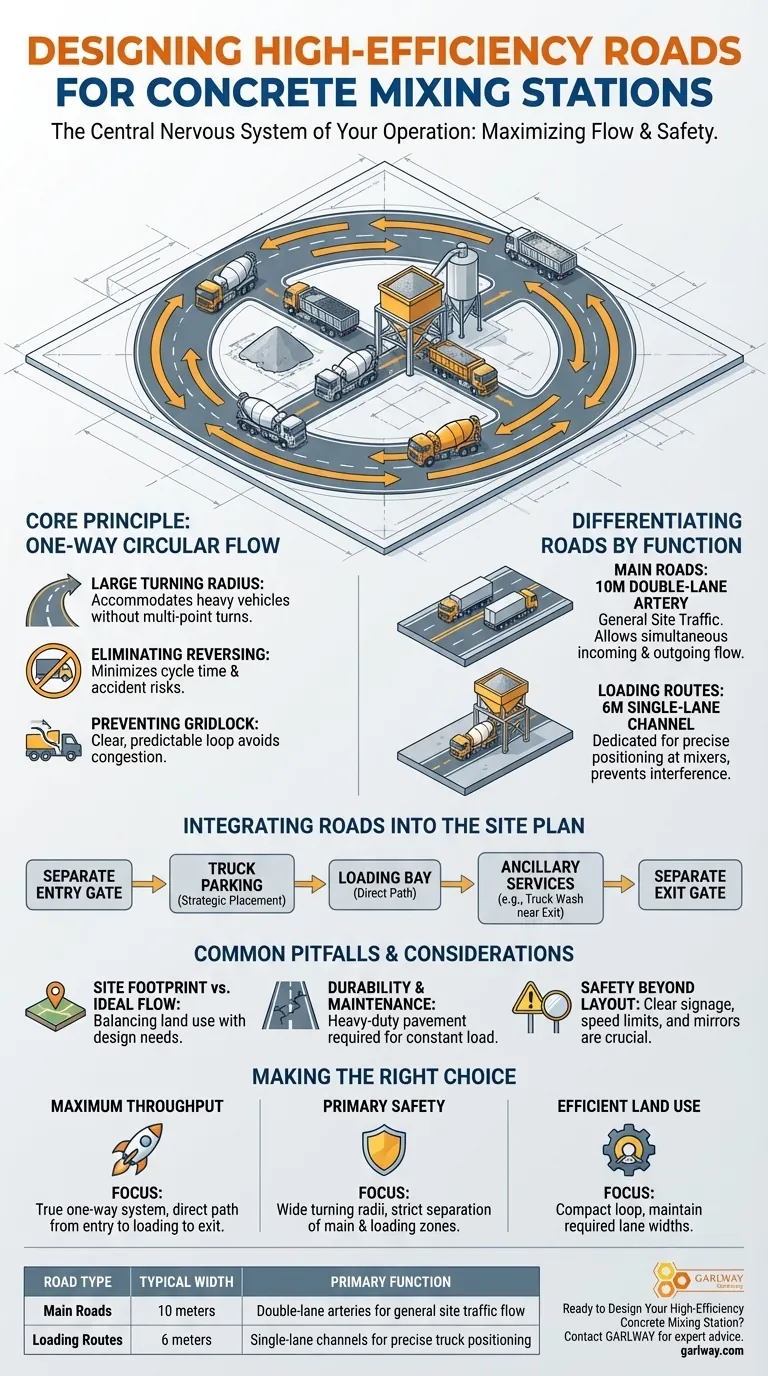 ¿Cómo se diseñan típicamente las carreteras dentro de una planta de mezcla de concreto? Optimizar para la seguridad y la eficiencia Guía Visual