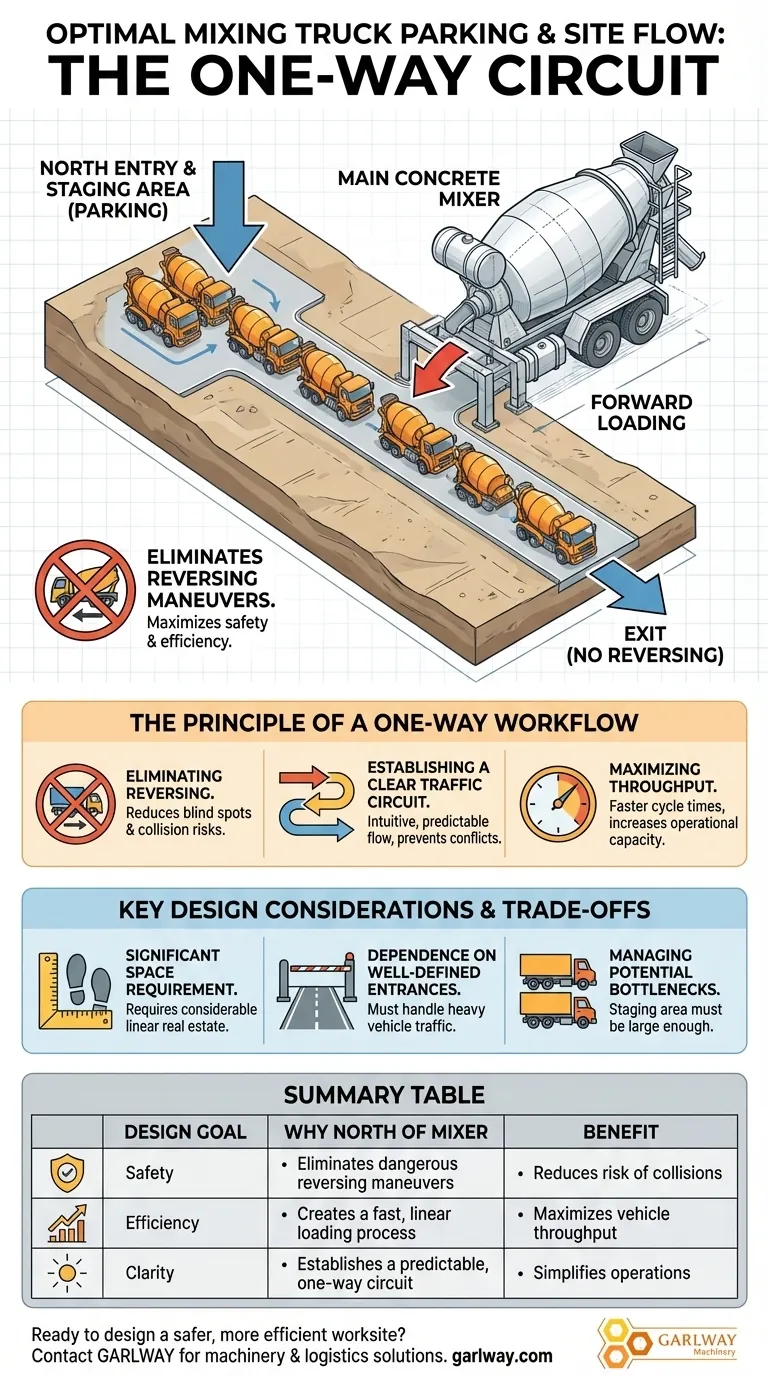 Onde está localizado o estacionamento para caminhões betoneira e por quê? Otimize a Logística do Local para Segurança e Eficiência Guia Visual