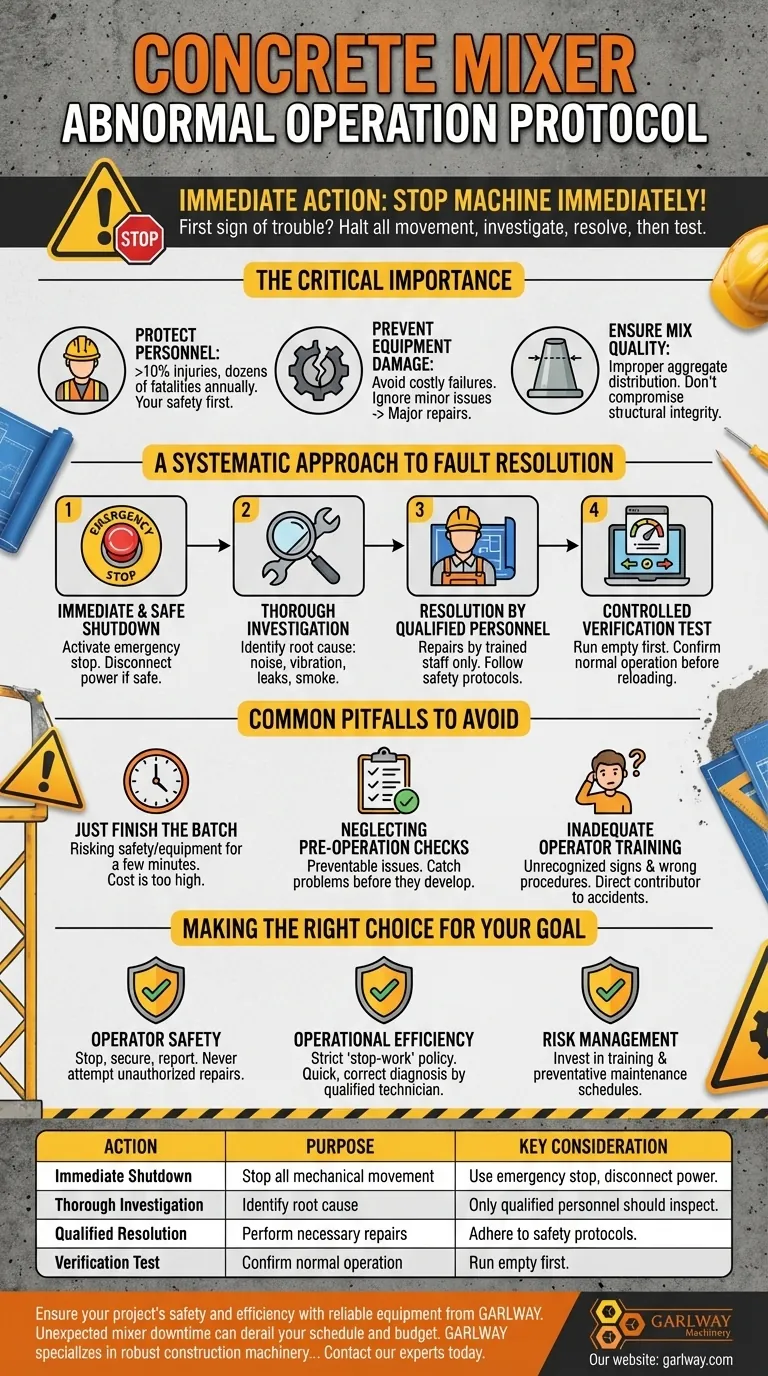 ¿Qué se debe hacer si se detecta una situación anormal durante el funcionamiento de una hormigonera? El apagado inmediato es crítico Guía Visual