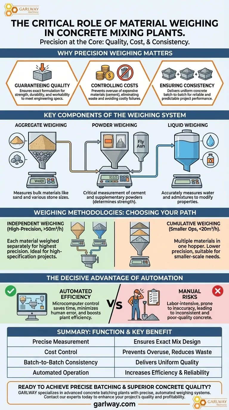 ¿Cuál es la función del sistema de pesaje de materiales en una planta de mezcla de concreto? Garantice la calidad y controle los costos Guía Visual