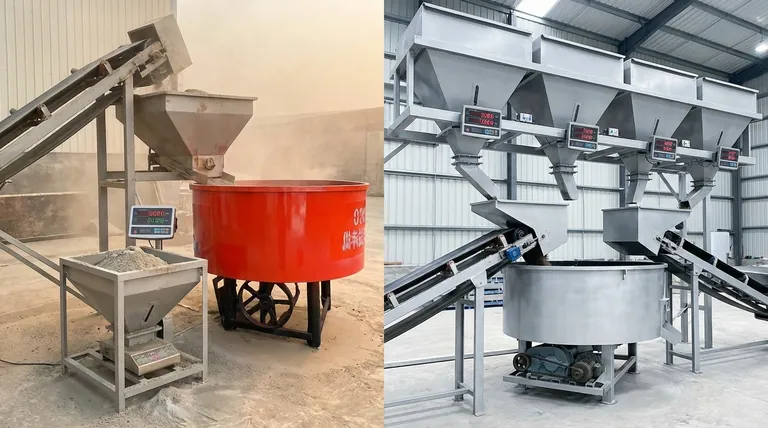 How does the material weighing system differ between smaller and larger concrete mixing plants?