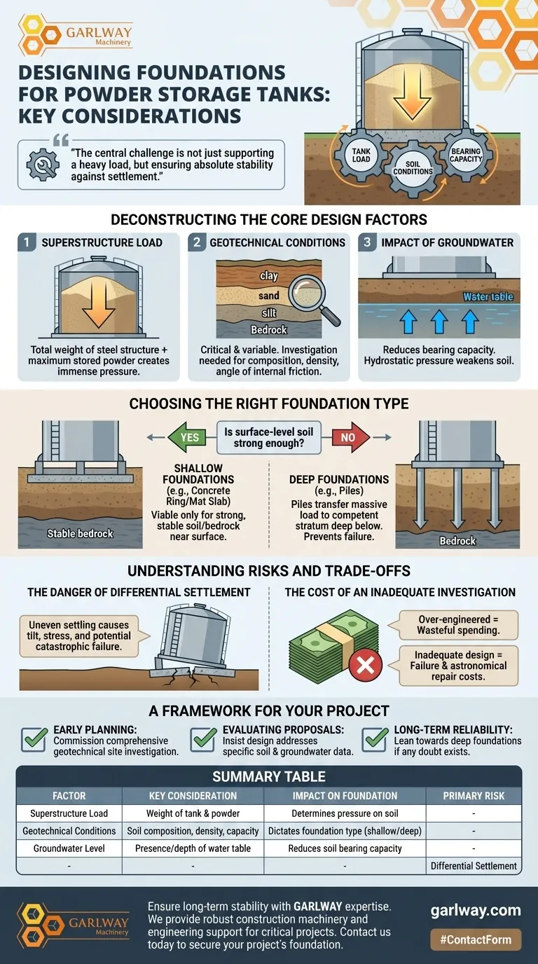 Quais fatores devem ser considerados ao projetar a fundação para um tanque de armazenamento de pó? Garanta Estabilidade e Segurança Guia Visual