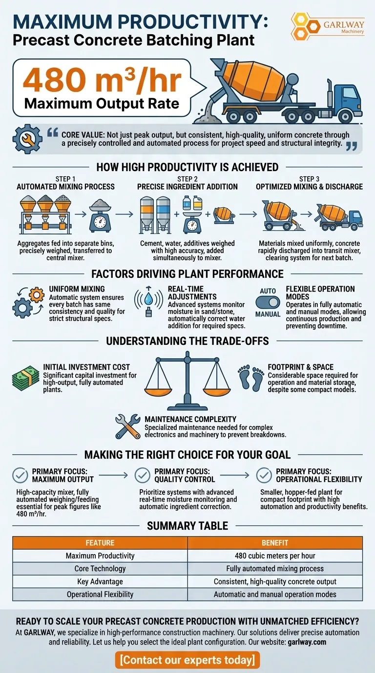ما هو الحد الأقصى لإنتاجية مصنع خلط الخرسانة الجاهزة المذكور؟ تحقيق إنتاج 480 م³/ساعة دليل مرئي
