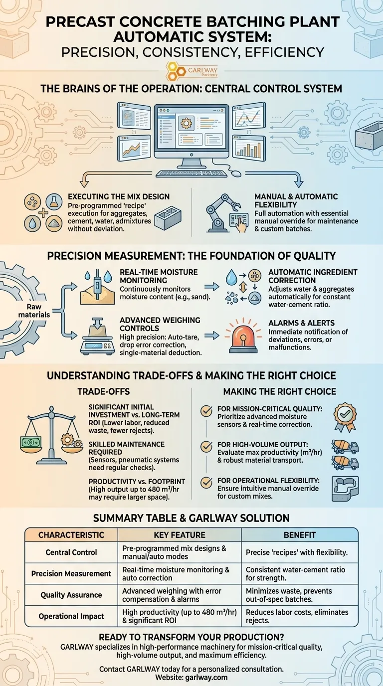 프리캐스트 콘크리트 배치 플랜트 자동 시스템의 특징은 무엇인가요? 정밀성, 품질 및 높은 생산량 시각적 가이드
