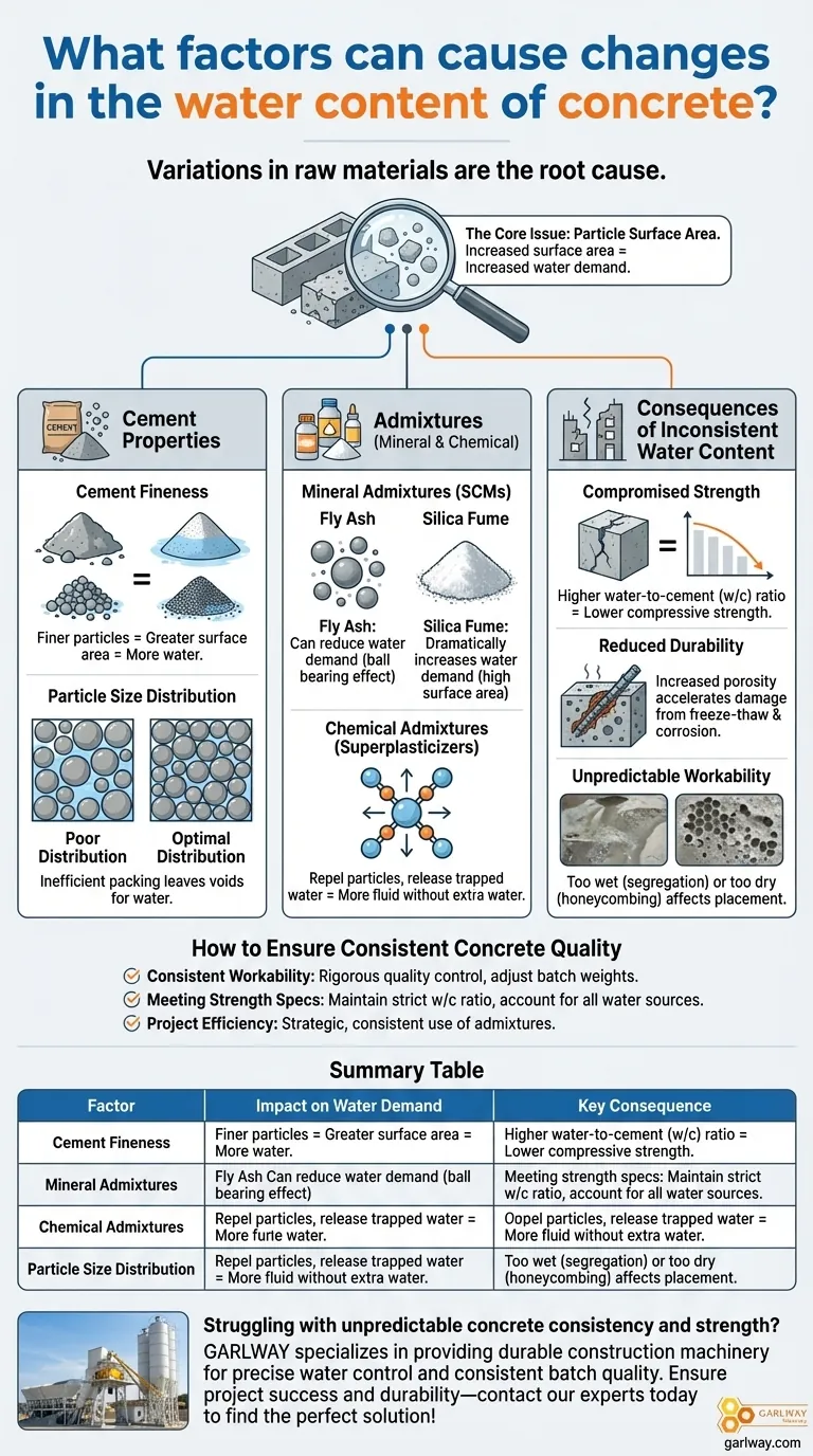コンクリートの水分含有量の変化を引き起こす要因は何ですか？一貫した品質のために材料のばらつきを管理する ビジュアルガイド