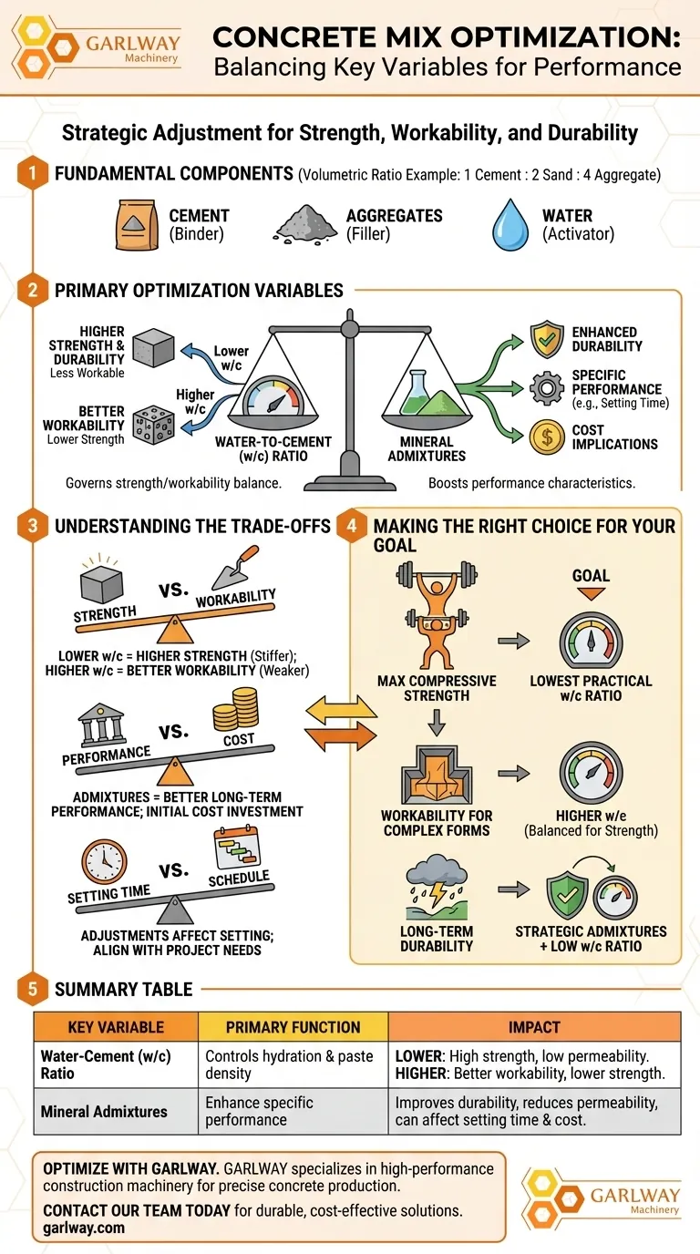 What are the common variables used in optimizing the concrete mix ratio? Master Strength, Workability & Durability Visual Guide