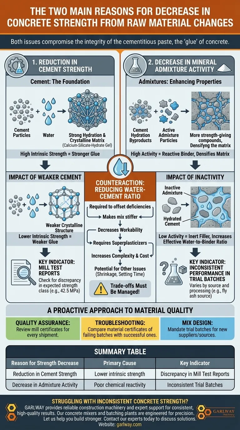 原材料の変更によるコンクリート強度の低下には、どのような主な理由が2つありますか？一貫した品質を確保する ビジュアルガイド