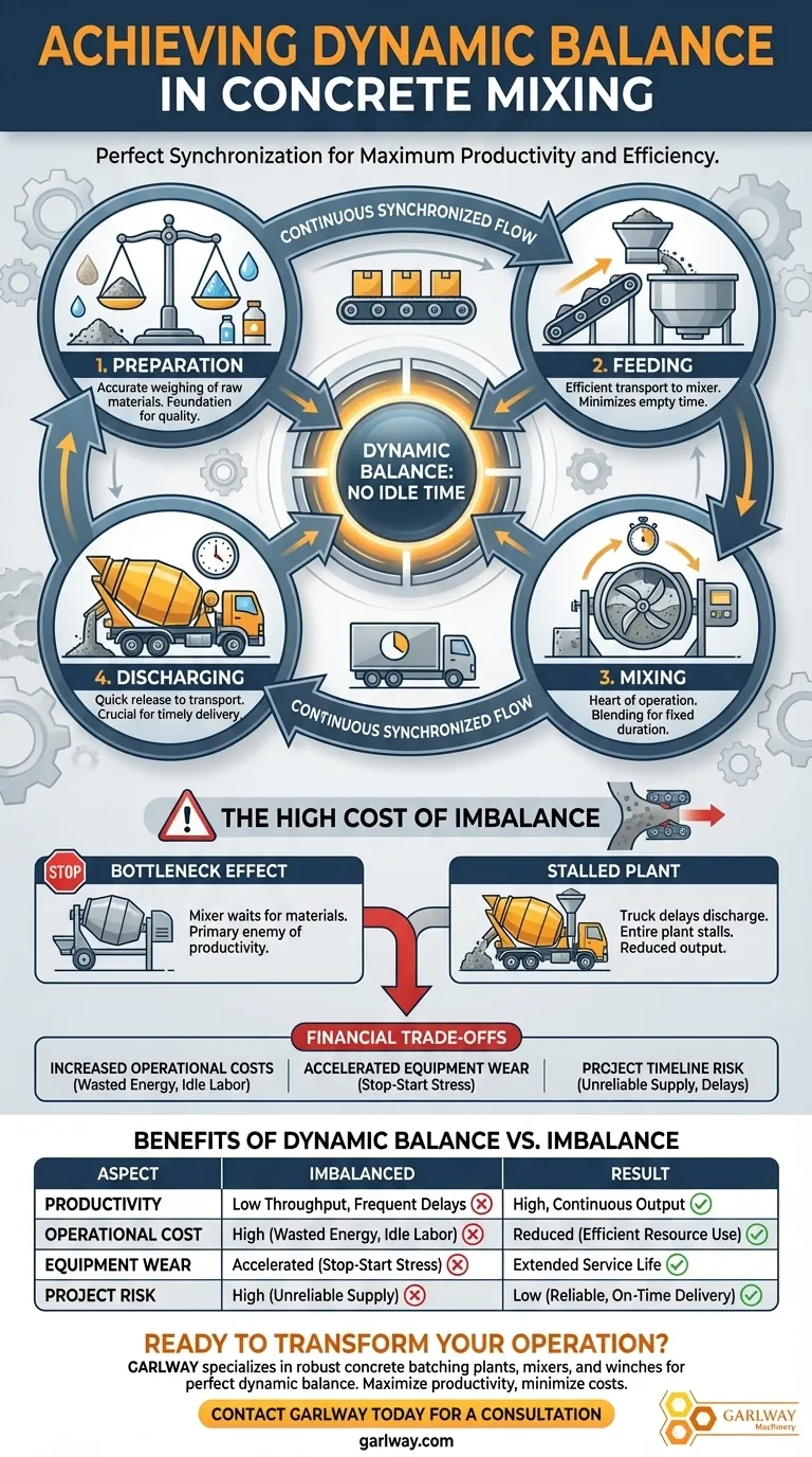 What is the importance of maintaining a dynamic balance in the concrete mixing process? Maximize Productivity & Reduce Costs Visual Guide