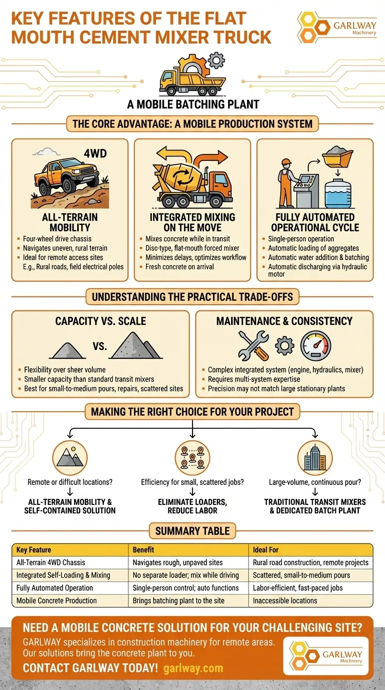 フラットマウスセメントミキサートラックの主な特徴は何ですか？遠隔地の現場向けモバイルコンクリートプラント ビジュアルガイド