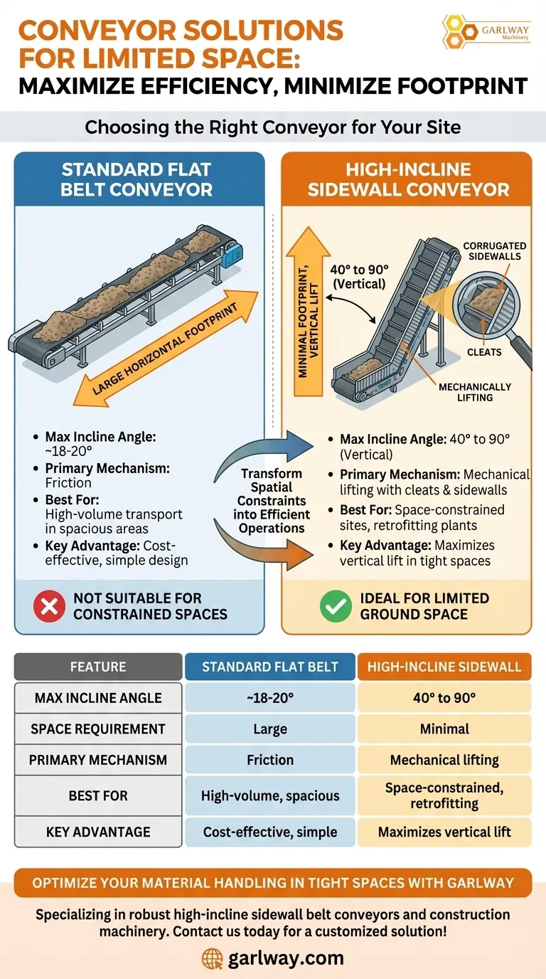 ما هو نوع ناقل السيور المناسب للمواقع ذات المساحة المحدودة؟ استخدم ناقل الجدران الجانبية عالي الميل دليل مرئي
