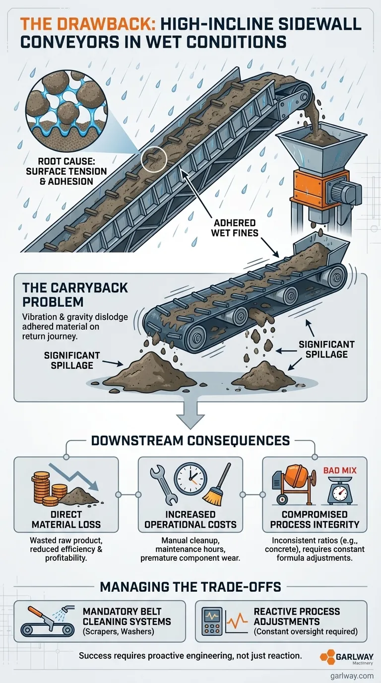 Quel est l'inconvénient de l'utilisation d'un convoyeur à bande à parois latérales à forte inclinaison dans des conditions humides ? Risques d'adhérence et de déversement de matériaux Guide Visuel