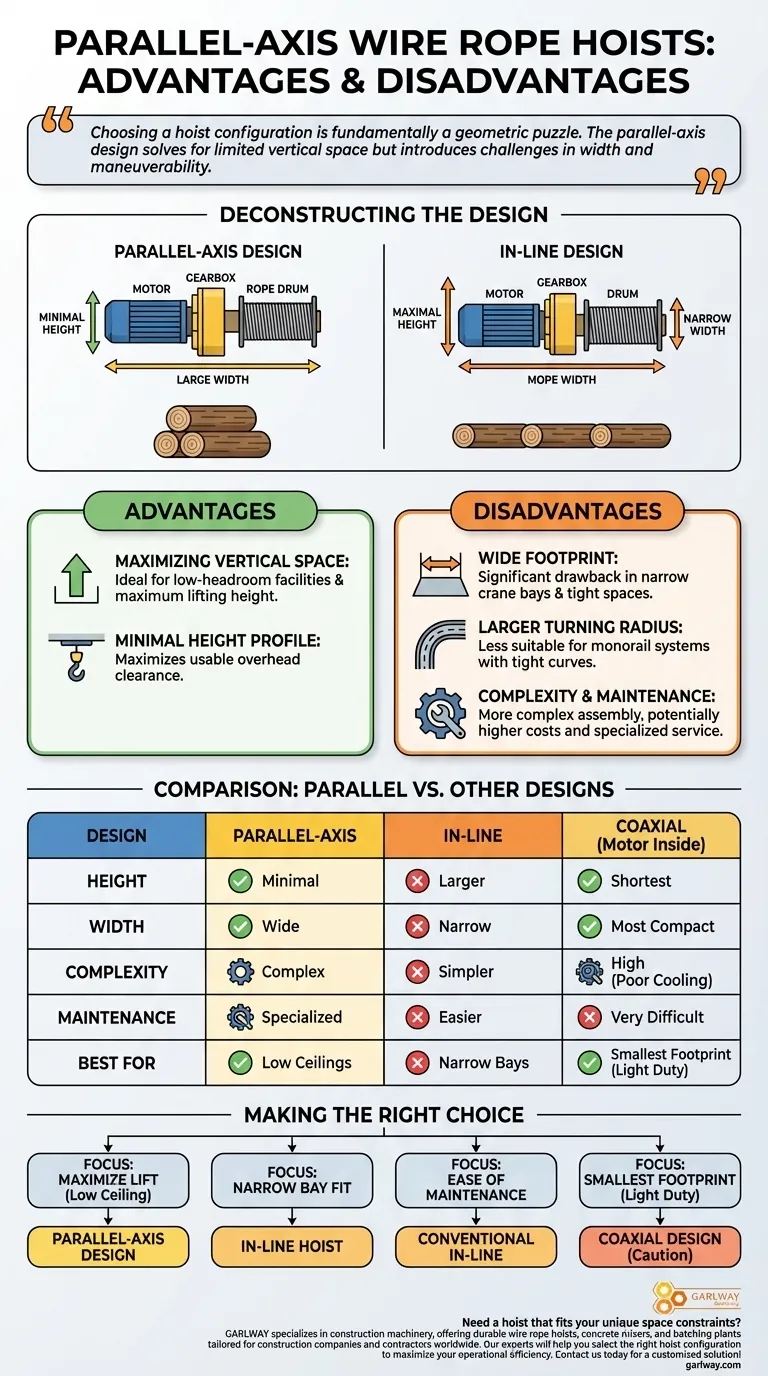 Was sind die Vor- und Nachteile von Seilwinden-Elektrozügen mit einer Motorachse parallel zur Trommelachse? Maximale Hubhöhe bei beengten Platzverhältnissen Visuelle Anleitung