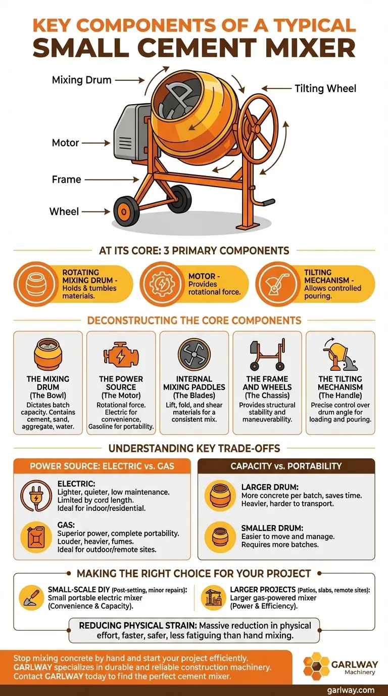 Quais são os componentes principais de uma betoneira pequena típica? Um guia para misturar concreto de forma eficiente Guia Visual
