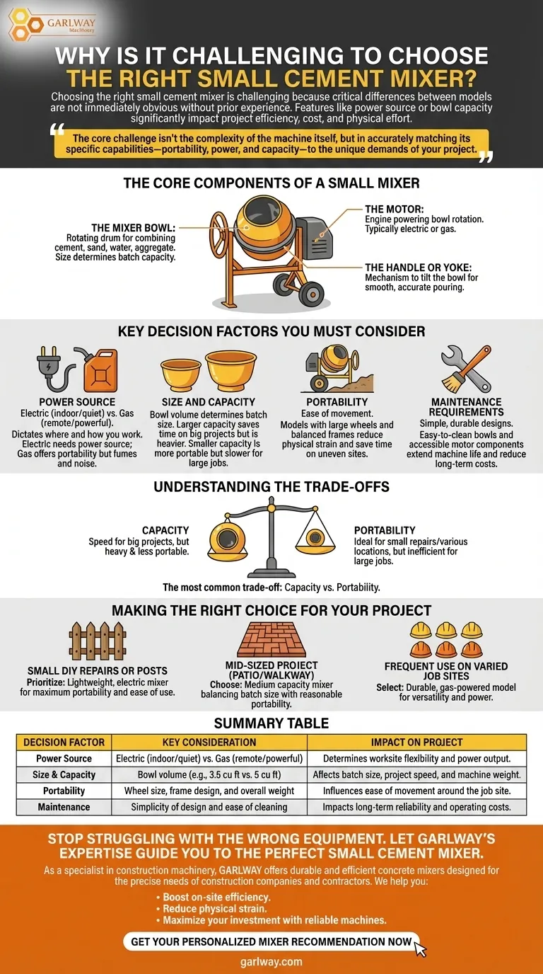 لماذا يصعب اختيار خلاط الأسمنت الصغير المناسب؟ موازنة الطاقة والسعة وقابلية النقل دليل مرئي