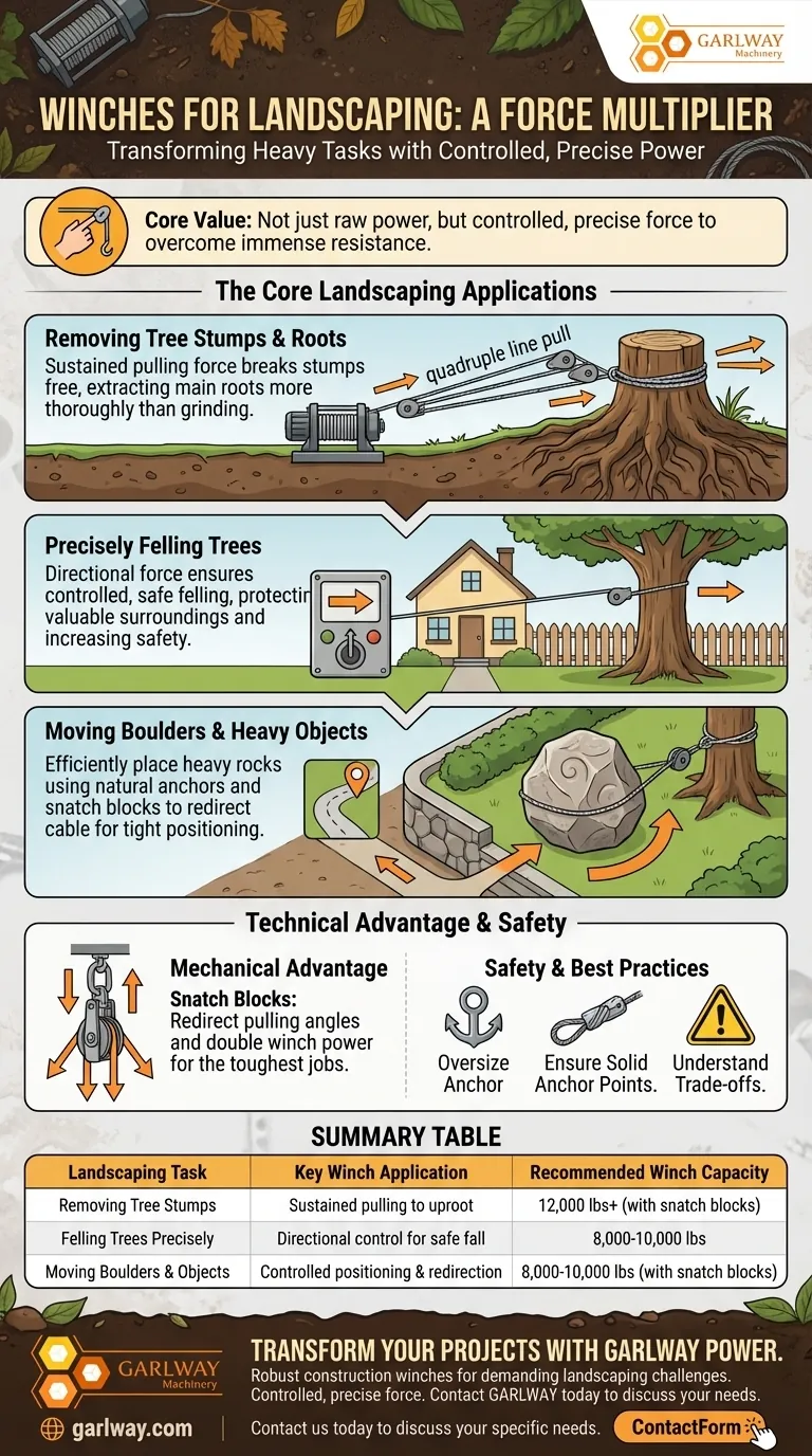 조경 목적으로 윈치를 어떻게 사용할 수 있습니까? 그루터기 및 바위 제거를 위한 제어된 힘 가이드 시각적 가이드