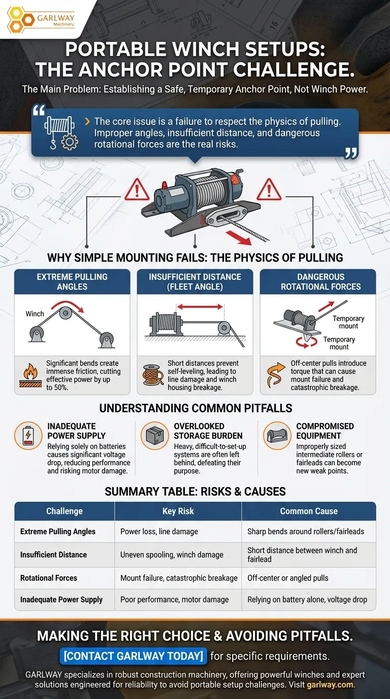 Quel est le principal défi abordé concernant les treuils portables ? La physique critique de l'ancrage sécurisé Guide Visuel