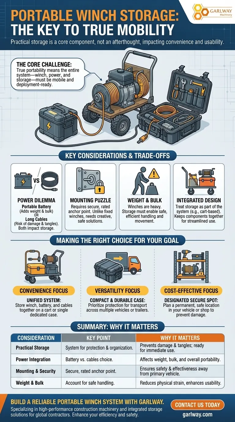 Qual consideração de armazenamento é mencionada para configurações de guincho portátil? Um Sistema Completo para Verdadeira Mobilidade Guia Visual