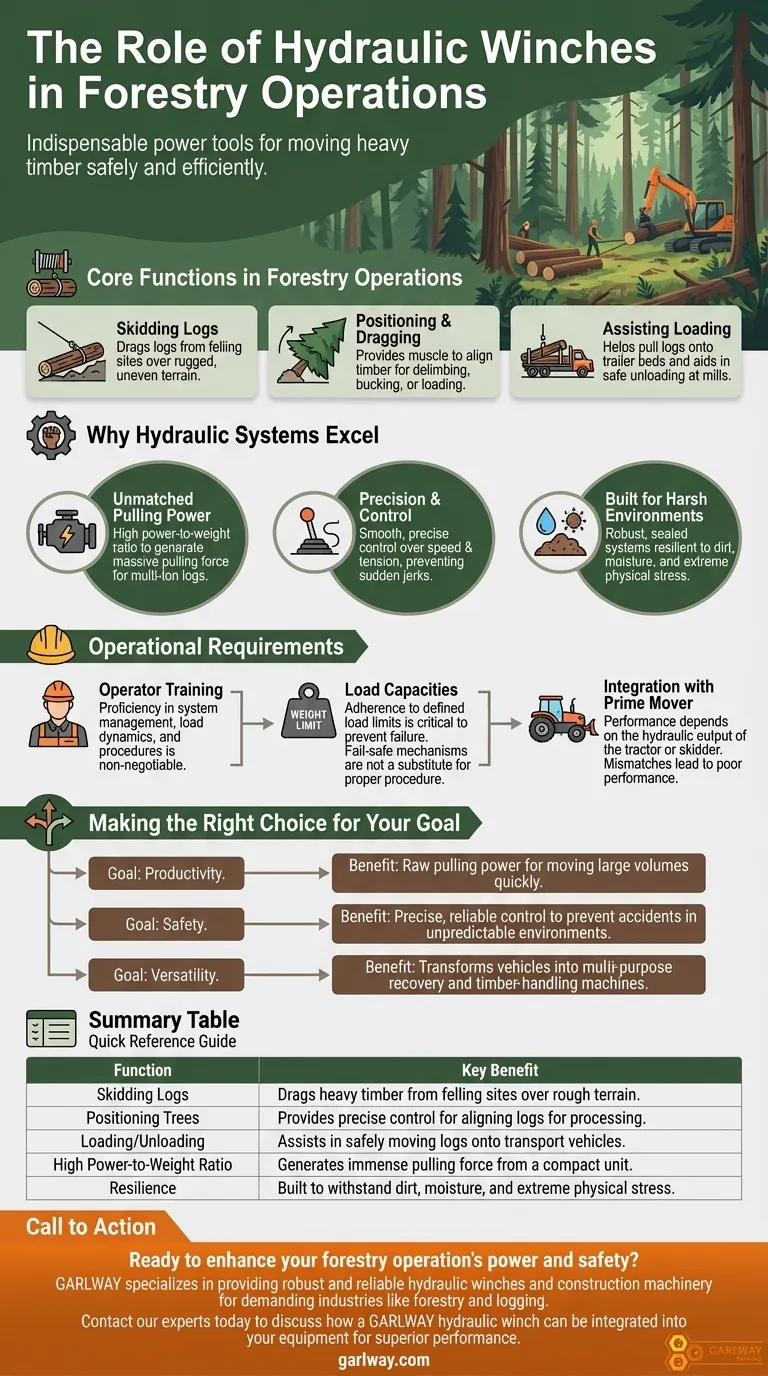 산림 및 벌목 작업에서 유압 윈치의 역할은 무엇인가요? 효율성과 안전성 향상 시각적 가이드