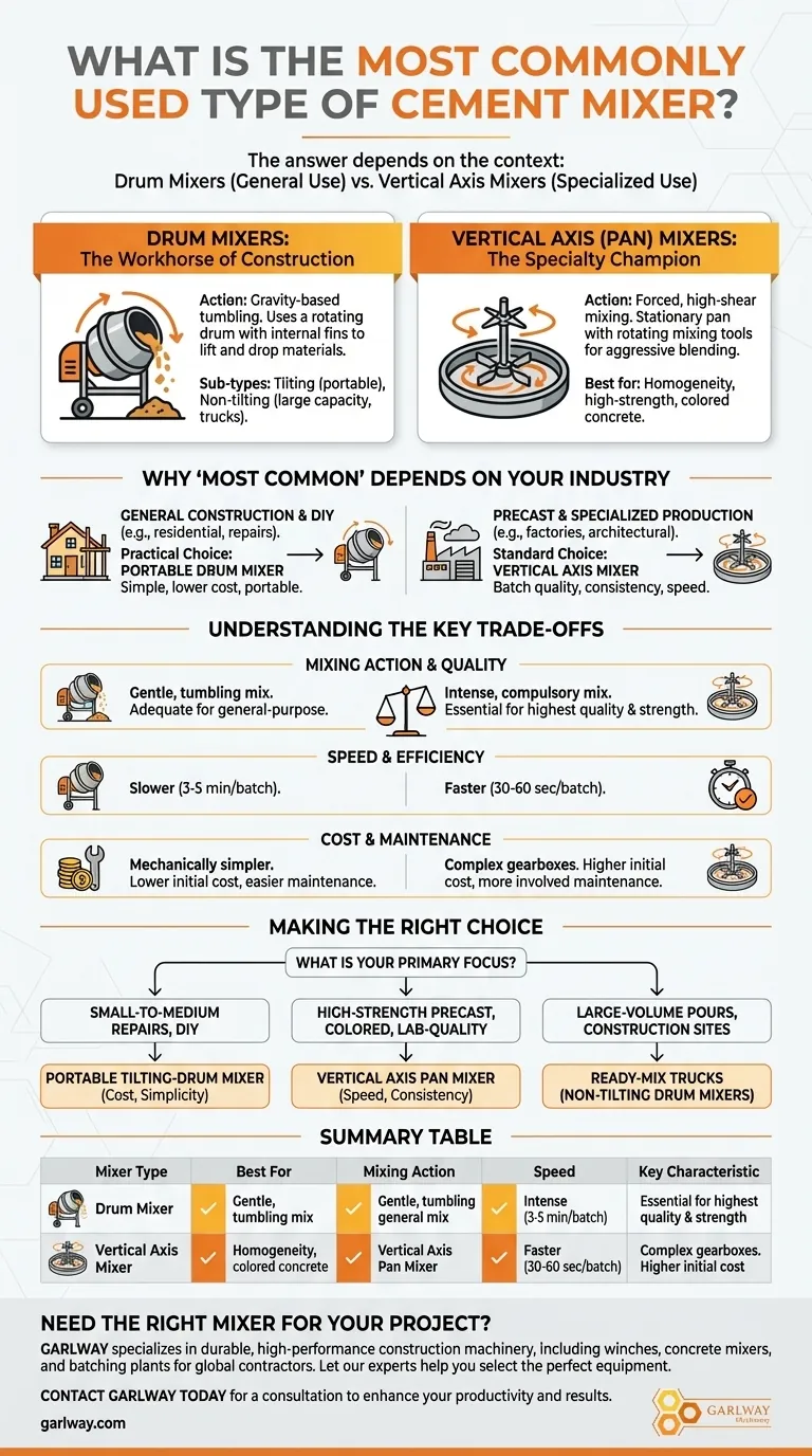 가장 일반적으로 사용되는 시멘트 믹서 유형은 무엇인가요? 드럼 믹서 대 수직 축 믹서 설명 시각적 가이드