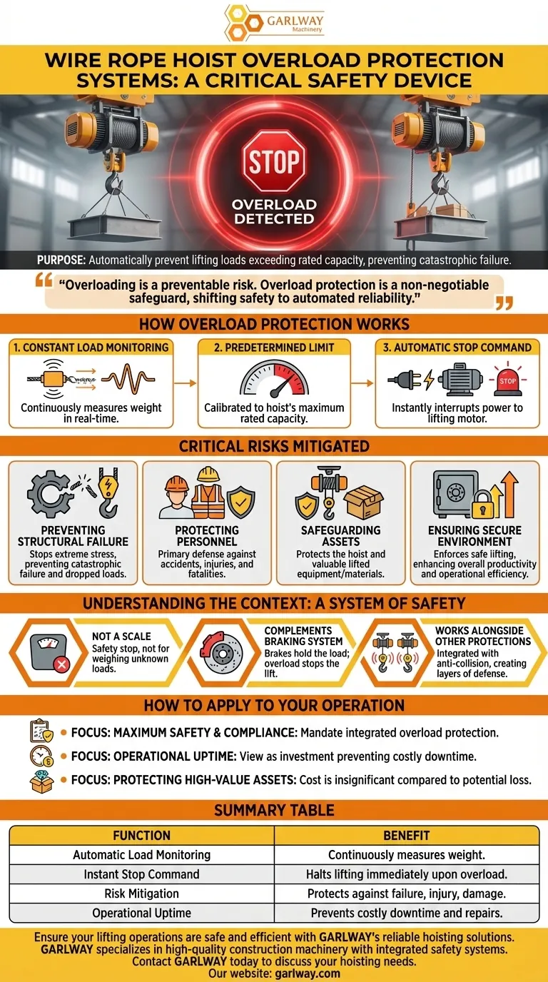와이어 로프 호이스트의 과부하 보호 시스템의 목적은 무엇인가요? 리프팅 안전 확보 및 고장 방지 시각적 가이드