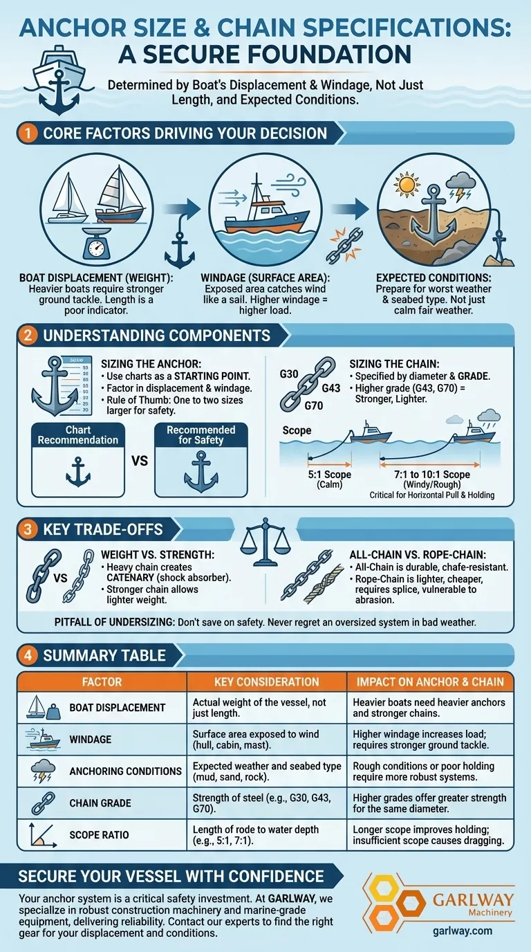 앵커 크기와 체인 사양은 어떻게 다르며, 보트 안전을 위해 올바른 장비를 선택하는 방법은 무엇인가요? 시각적 가이드